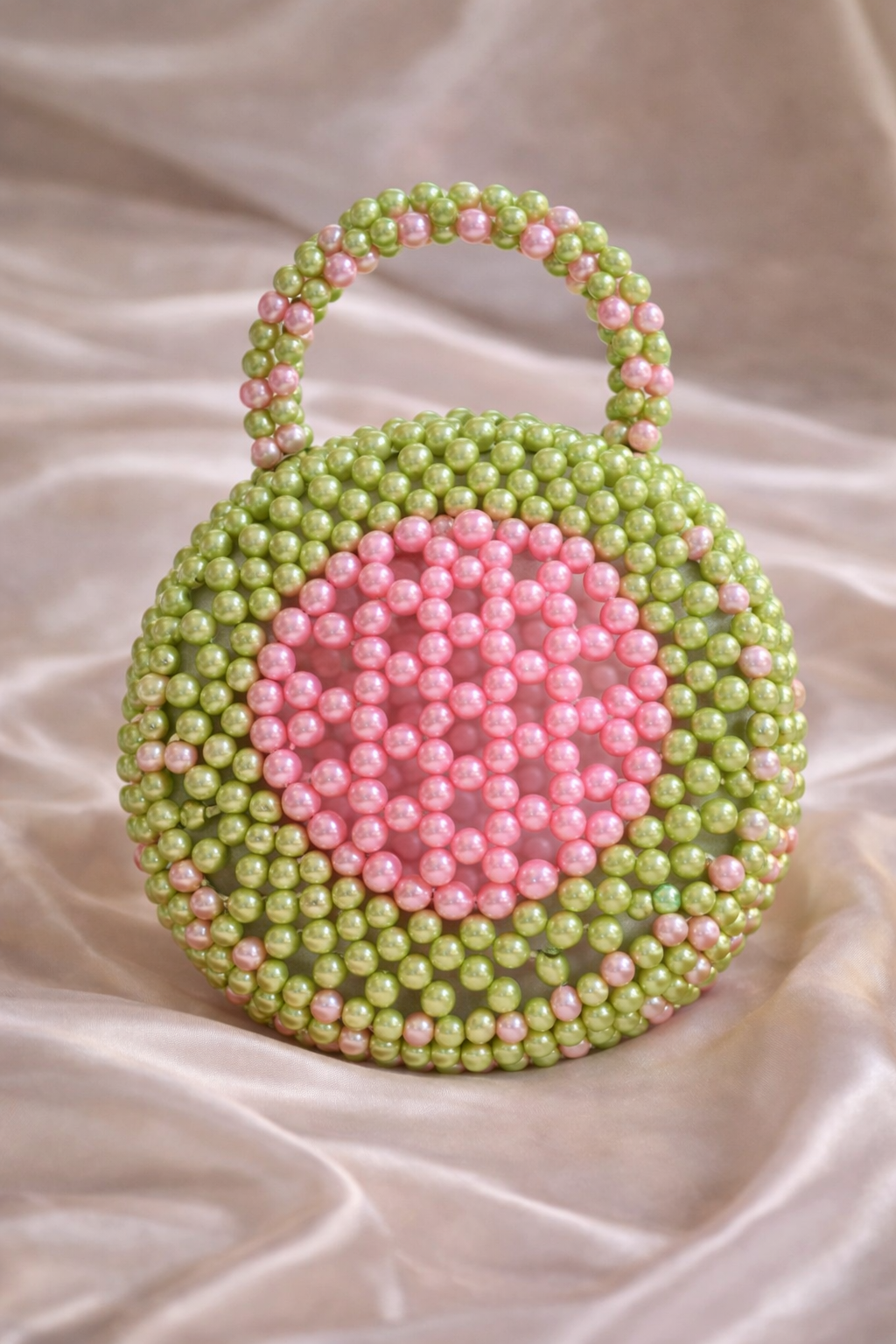 Handcrafted Green & Pink Pearl Beaded Mini Handbag