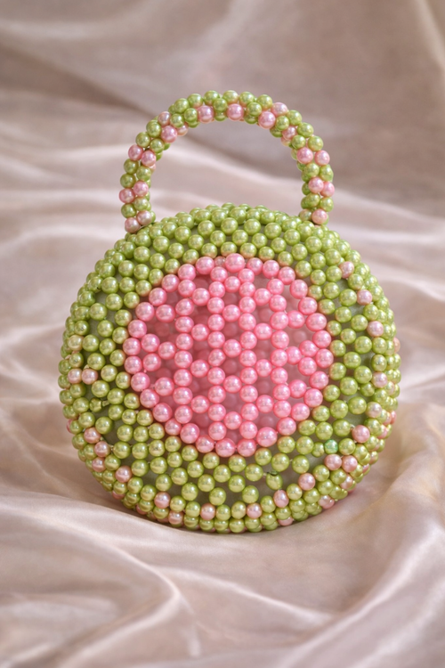 Handcrafted Green & Pink Pearl Beaded Mini Handbag