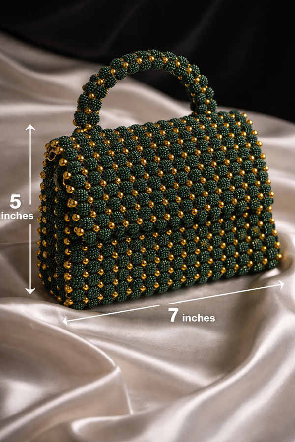 Handcrafted Beaded Handbag – Emerald Green & Gold