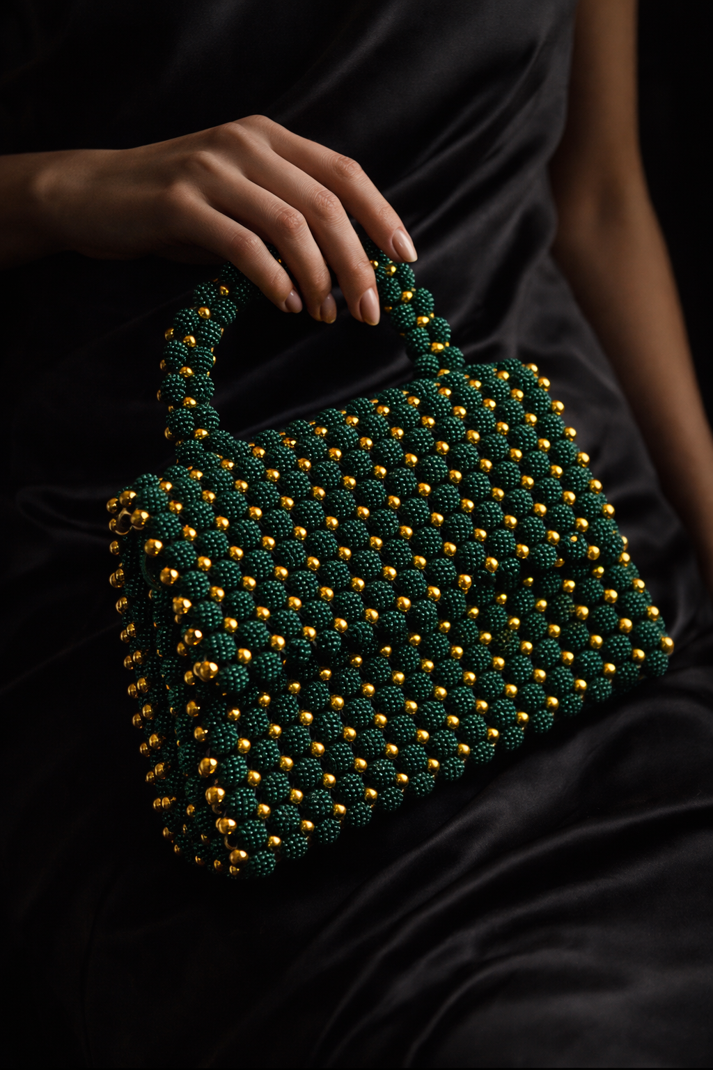 Handcrafted Beaded Handbag – Emerald Green & Gold