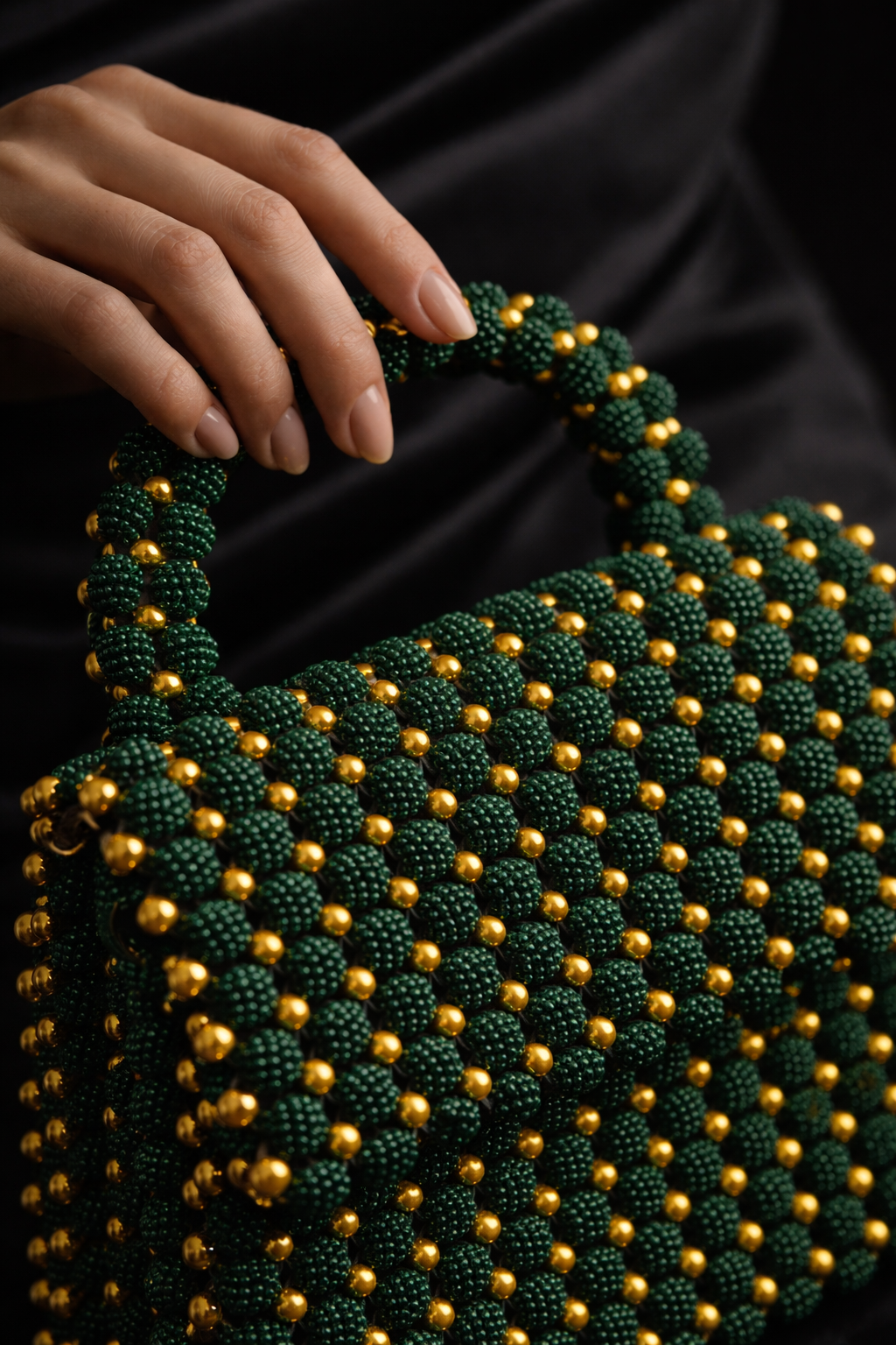 Handcrafted Beaded Handbag – Emerald Green & Gold
