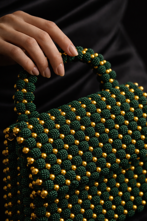 Handcrafted Beaded Handbag – Emerald Green & Gold